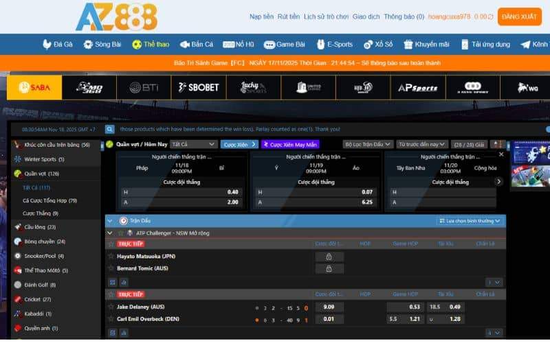 Hướng dẫn các bước tham gia cá cược quần vợt tại AZ888